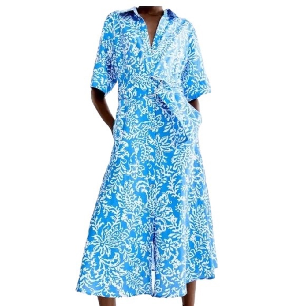 Zara Linen Blend Floral Printed Blue & White Midi Dress Size XL Boho Holiday